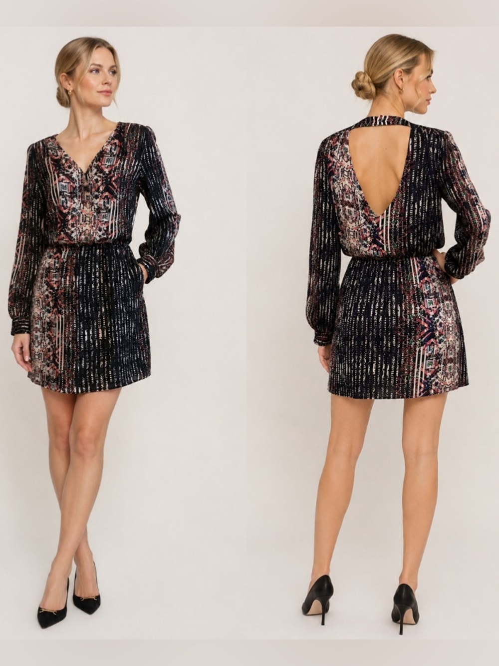 Parker Silk Geometric Pink Surplice Wrap Pattern Long Sleeve Rainbow Mini Dress
